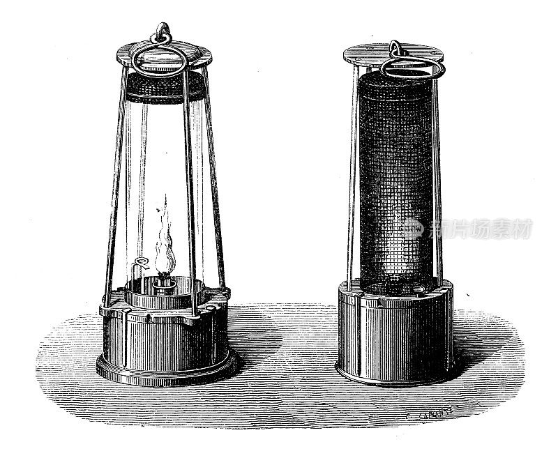 19世纪工业、技术和工艺的古董插图:矿灯、蜡烛、灯笼和火炬