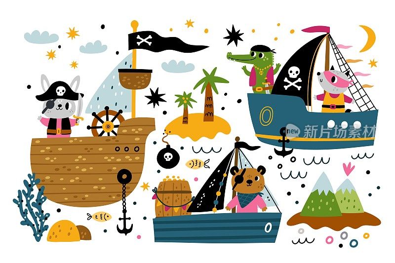 可爱的小动物船。儿童海洋和海洋运输与有趣的卡通人物。有头骨和军刀的海盗。帆船和海盗之都。向量阻挠议案的设置