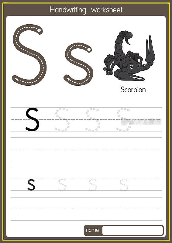 矢量插图蝎子与字母S大写字母或大写字母的儿童学习练习ABC