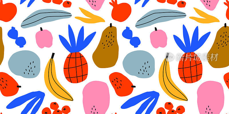 有趣的热带水果画无缝图案卡通