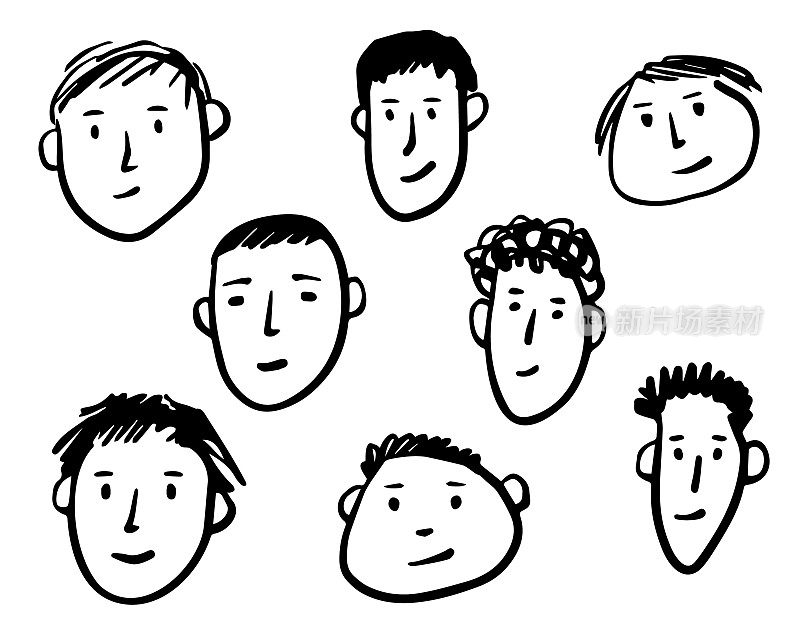 手绘的人类涂鸦脸。在白色背景上收集不同的面部表情。矢量图