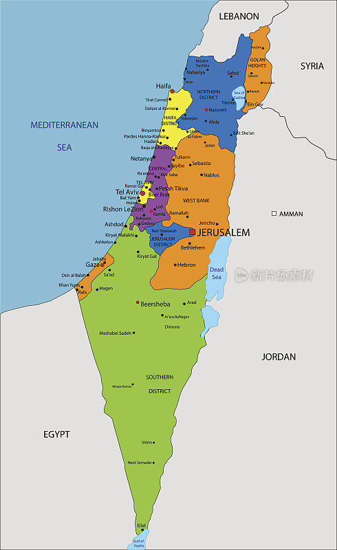 彩色的以色列政治地图清楚地标注