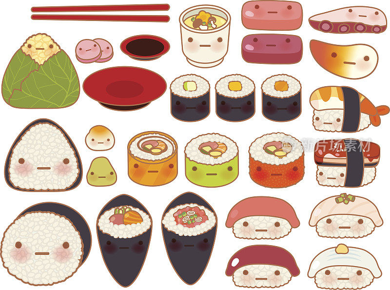 收藏可爱的宝贝日本东方食物涂鸦图标，cu