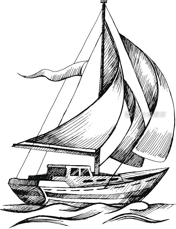 帆船矢量草图与波隔离。