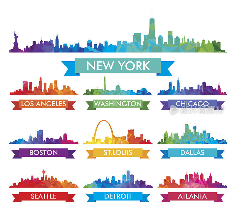 美国城市天际线彩色矢量插图