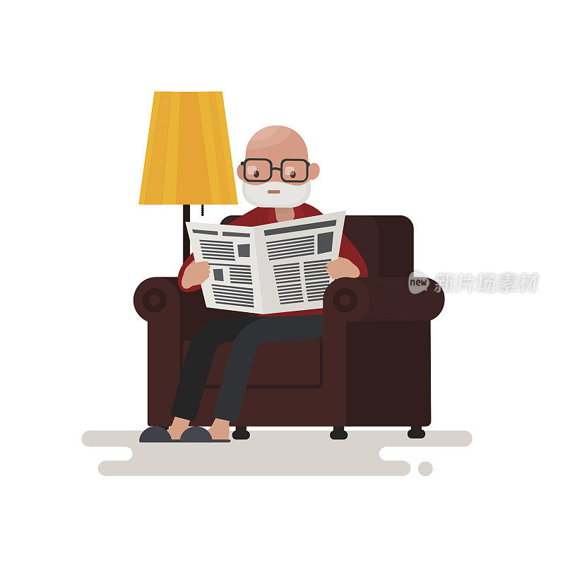 爷爷坐在椅子上看报纸。