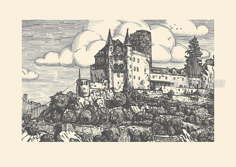 雕刻的中世纪城堡矢量插图。