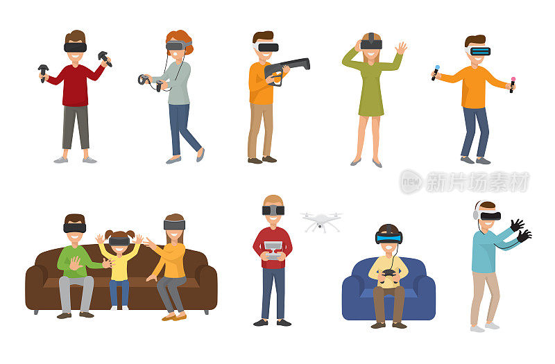 虚拟现实VR眼镜头戴者玩享受3d眼镜设备人物模拟未来的视频游戏矢量插图