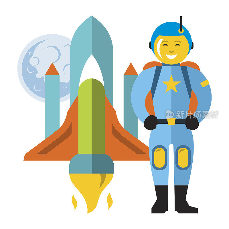 矢量宇航员和航天飞机。平面风格彩色卡通插图。