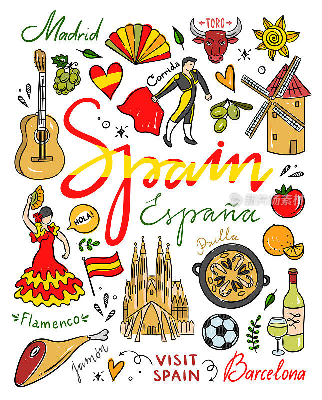 西班牙符号和插图。西班牙手绘元素。访问西班牙矢量clipart