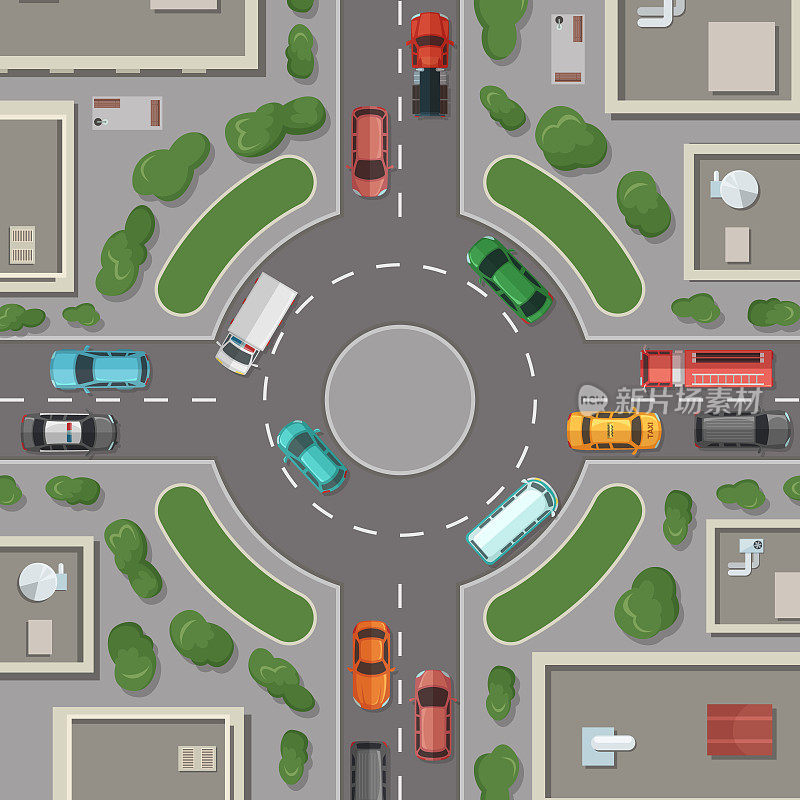 矢量城市建筑，道路和汽车俯视图插图