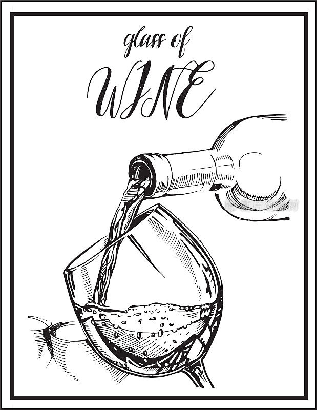 酒精饮料的矢量图像。酒杯和酒瓶。红酒或白葡萄酒。手绘图。