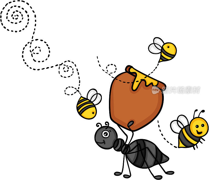 蚂蚁带着一罐蜂蜜和蜜蜂
