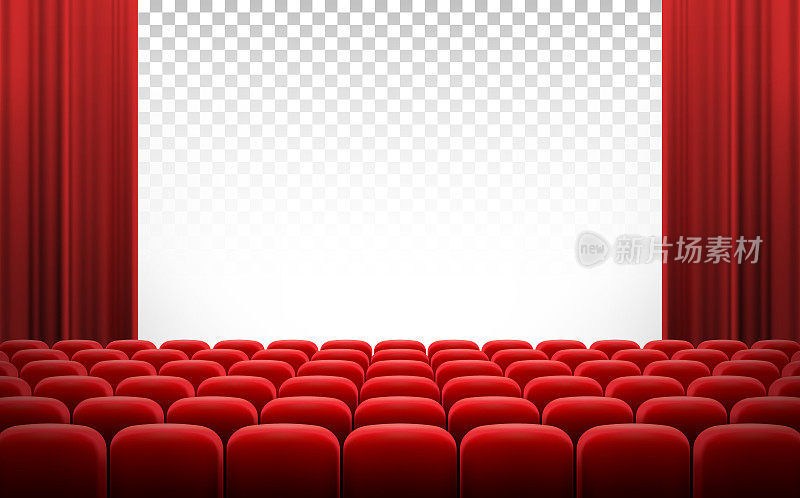 白色电影院的屏幕，红色的窗帘和椅子
