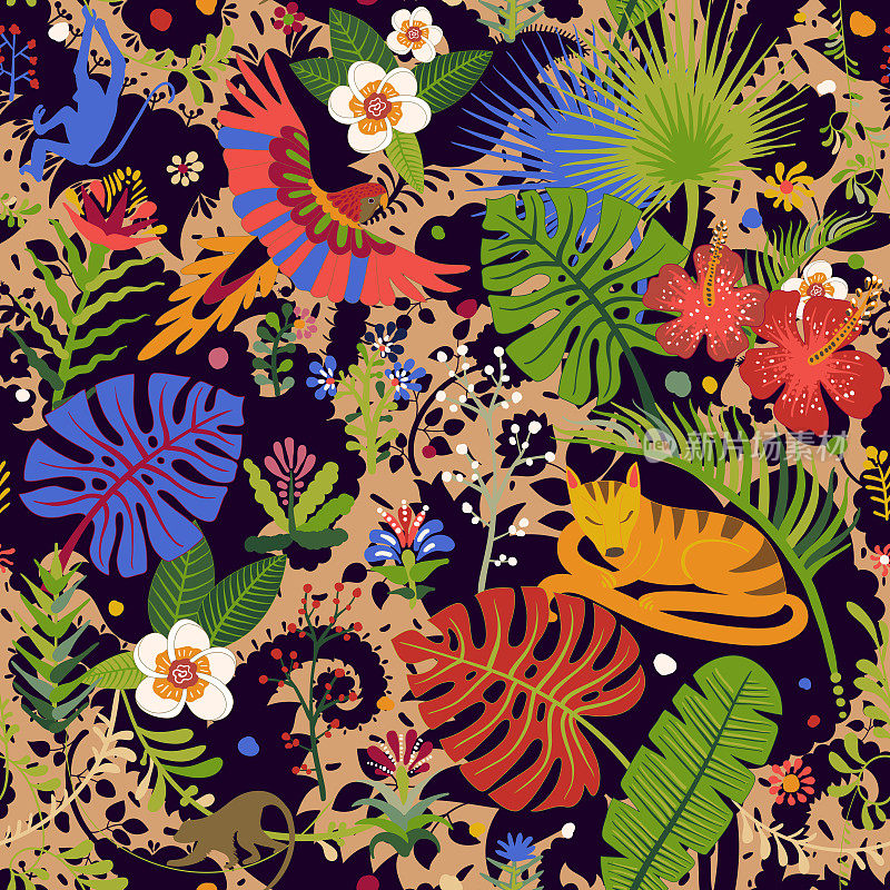 矢量明亮无缝模式与热带植物，花卉和动物。彩色纺织墙纸，封面，包装纸，网