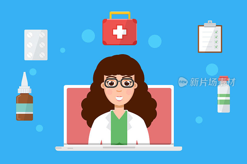 药房、医生在线医疗咨询、互联网健康服务。矢量插图。