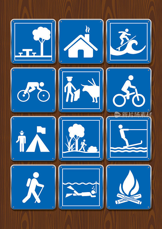 设置避难所，公园，自行车，斗牛，潜水，篝火，冲浪的图标。木制背景上的蓝色图标