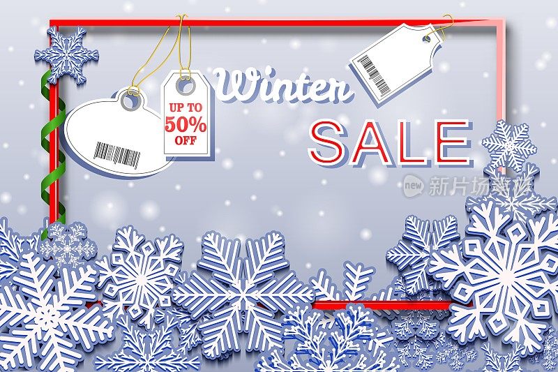 冬季销售水平横幅与雪花和标签。