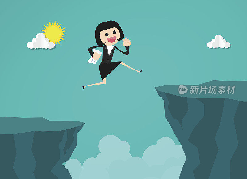 女商人在悬崖间奔跑跳跃。商业风险和成功的概念