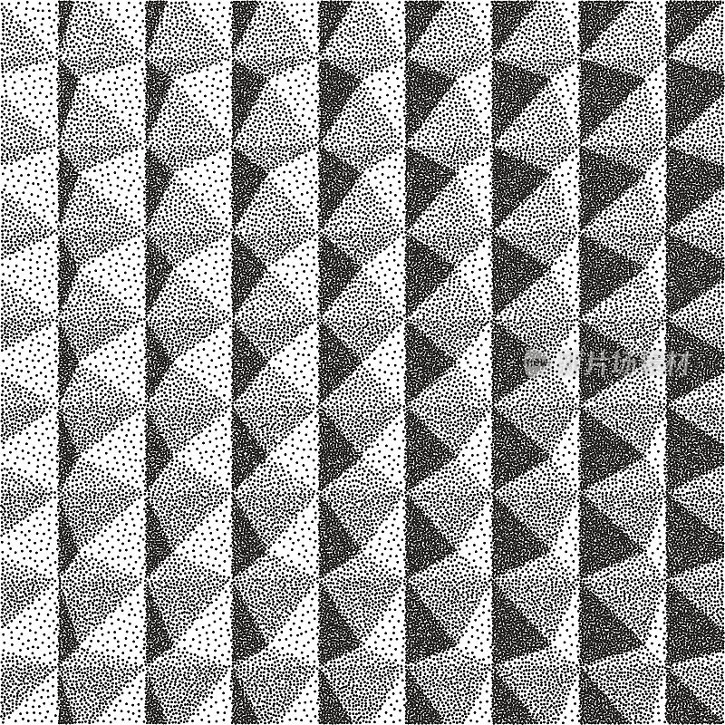 抽象三维几何背景。黑白颗粒图案。点彩派的模式。点彩的效果。矢量插图。