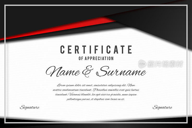 证书模板为优雅的黑色和红色。鉴赏证书，奖励文凭设计模板