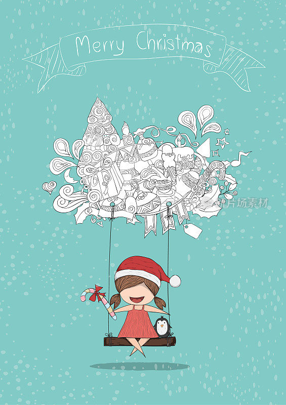 女孩圣诞老人和企鹅摇摆在云图标圣诞可爱。矢量插图，手绘矢量，大小A4