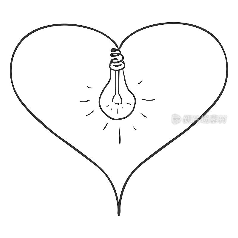 矢量单素描涂鸦插图-心形与灯泡在中间。爱之光。