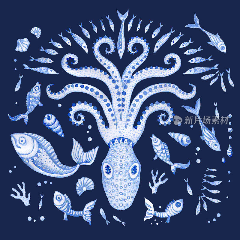 一套靛蓝手绘的童话海洋动物。水彩画幻想鱼，章鱼，珊瑚，贝壳，泡沫，孤立在深蓝色的背景。蜡染，t恤印花，书封面，海报