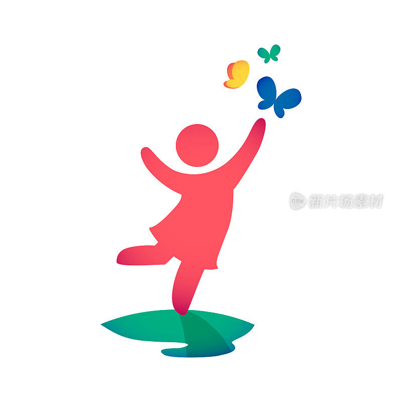 宝宝图标彩色插图。女孩在草坪上玩蝴蝶。向量可以用作标识类型