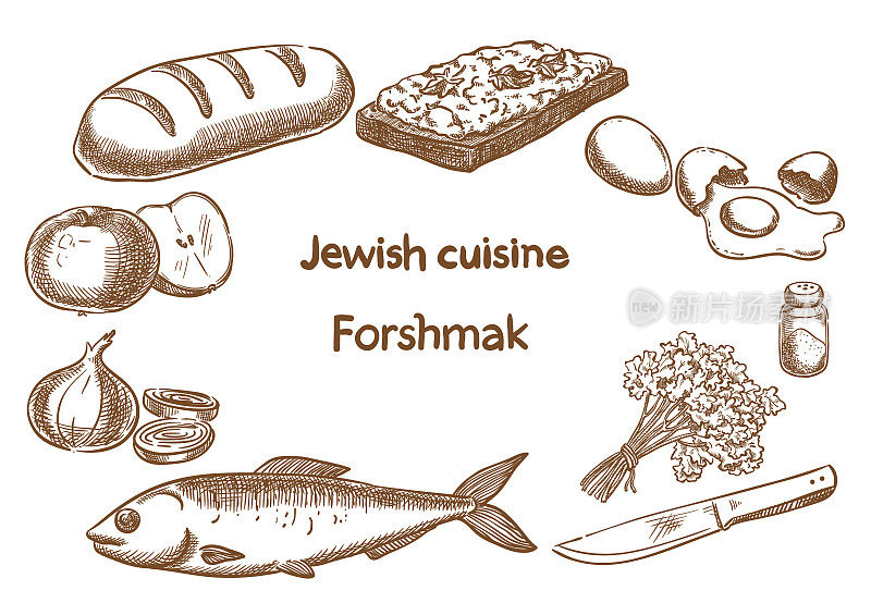 犹太菜。Forshmak成分。向量草图。
