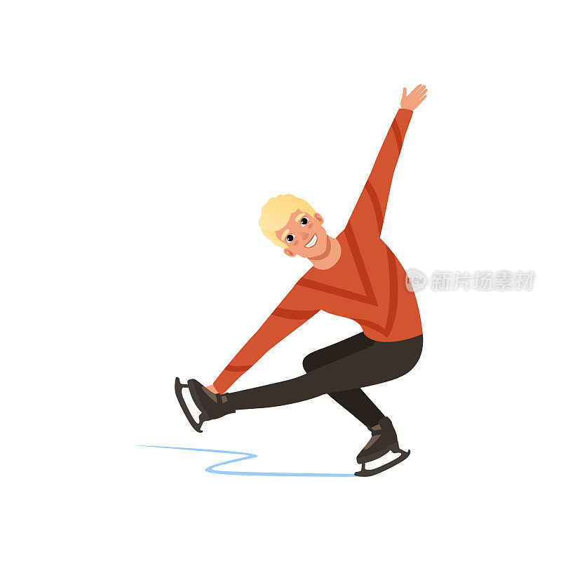 年轻的花样滑冰男子滑冰，男运动员在室内溜冰场练习矢量插图上的白色背景