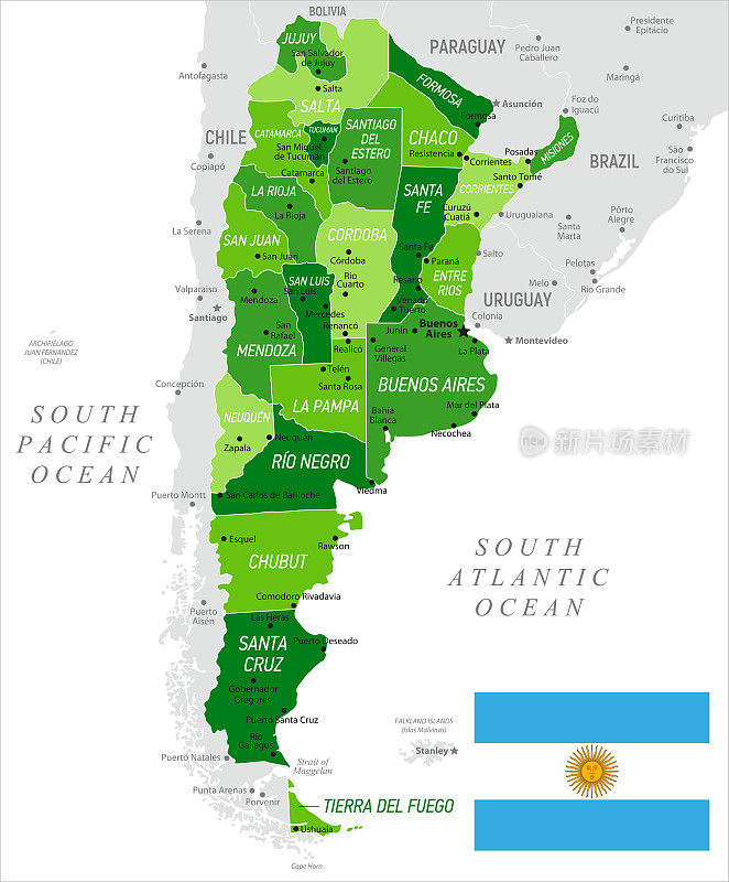 阿根廷绿色地图与国旗，省份和边界