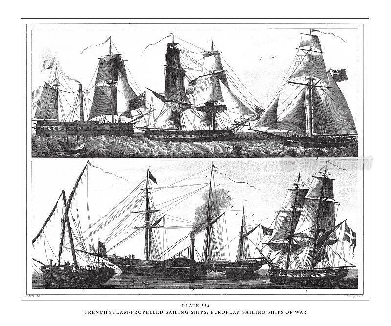 法国蒸汽推进帆船;欧洲战船雕刻古董插图，出版于1851年