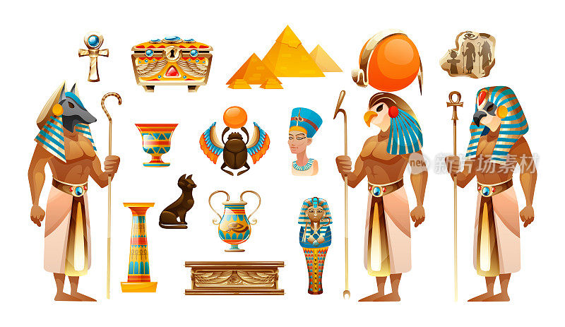 古埃及的象征，神圣的动物，金字塔，坟墓，石棺，十字矢量