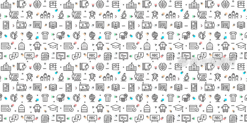 矢量设计模板和元素为教育和学校在流行的线性风格-无缝模式与线性图标相关的教育和学校-矢量