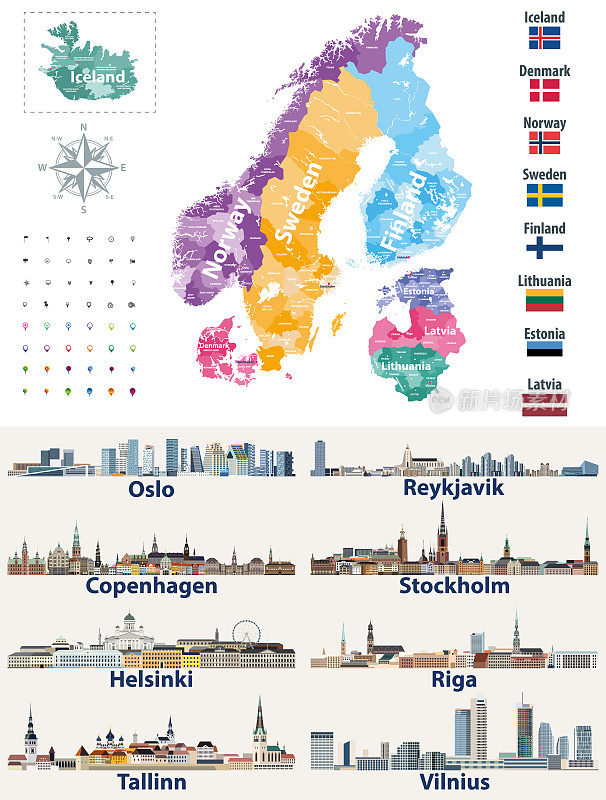 矢量斯堪的纳维亚和波罗的海国家的旗帜和城市天际线:哥本哈根，斯德哥尔摩，奥斯陆，雷克雅未克，赫尔辛基，里加，塔林，维尔纽斯。