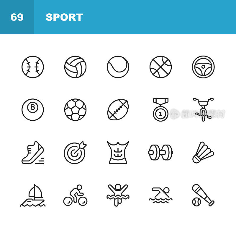 体育图标。可编辑的中风。像素完美。移动和网络。包含棒球，排球，网球，篮球，足球，奖章，跑鞋，肌肉，自行车等图标。