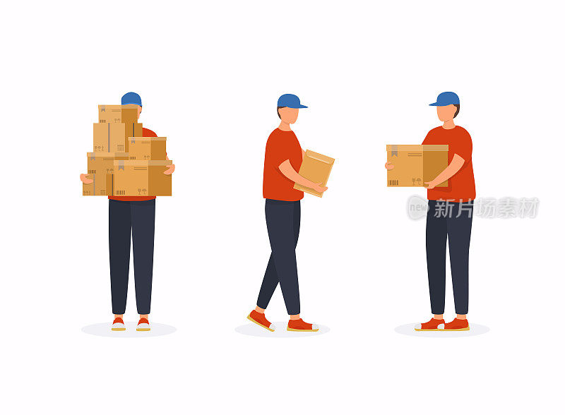 一组不同姿势的邮政工人。快递或递送服务。男主角拿着包裹、包裹、盒子。