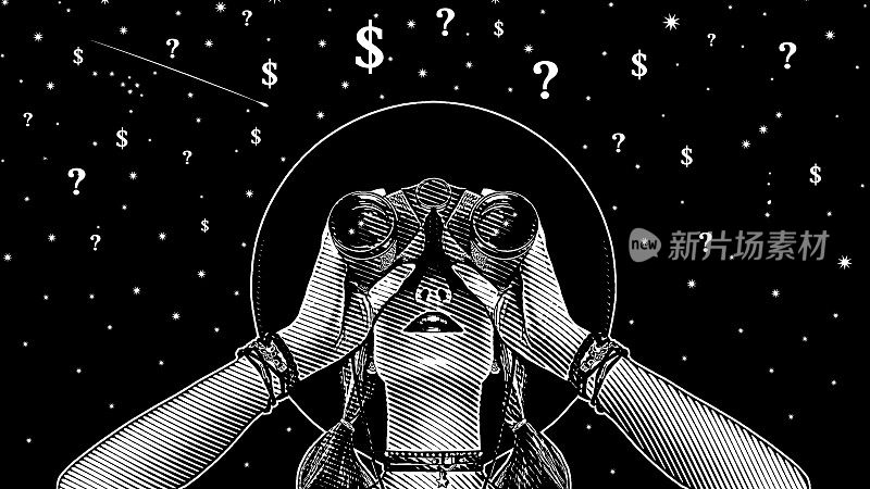 拿着双筒望远镜寻找金融不确定性解决方案的女人