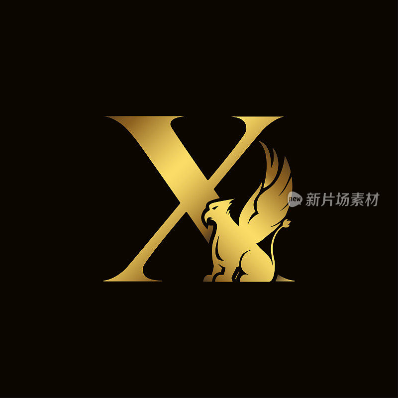 狮鹫剪影内嵌金字x，纹章象征远古神话或幻想中的野兽。创意设计元素的标志类型，徽章，字母，图标或象征的公司，公司，品牌名称。