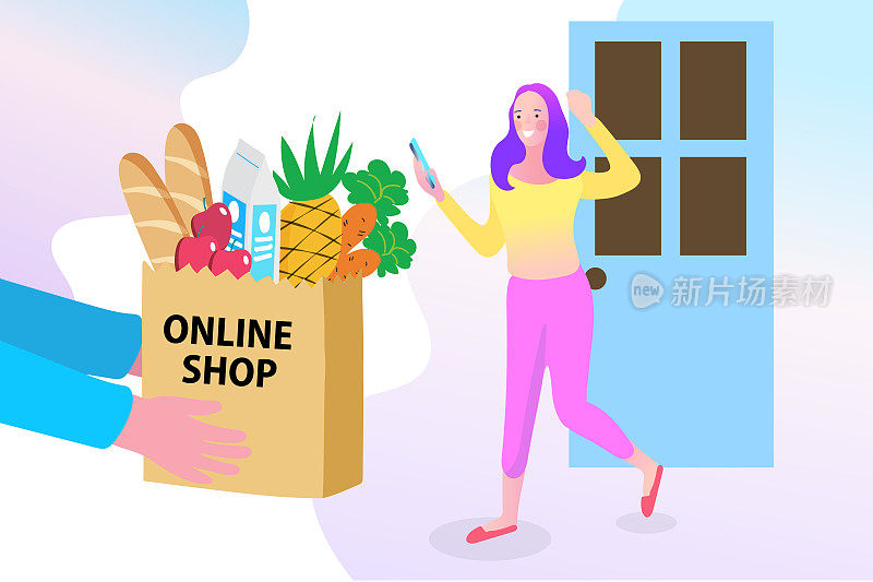 网上购物横幅，网上数字商店场景与女人购物。电子商务广告插图。人们网上购物的概念与快乐。