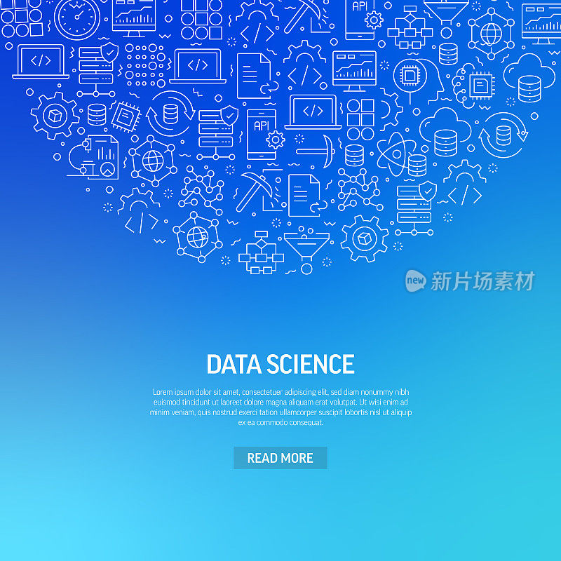 数据科学和数据分析相关旗帜设计的模式。现代线条风格图标矢量插图