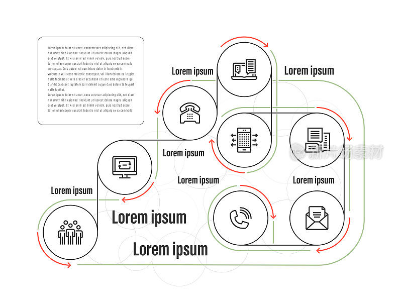 信息图表设计模板。社区，网络，电话，联系人，在线聊天，讨论，移动应用程序，电子邮件图标与5个选项或步骤。