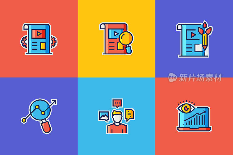 内容营销平面线图标，轮廓向量符号插图。