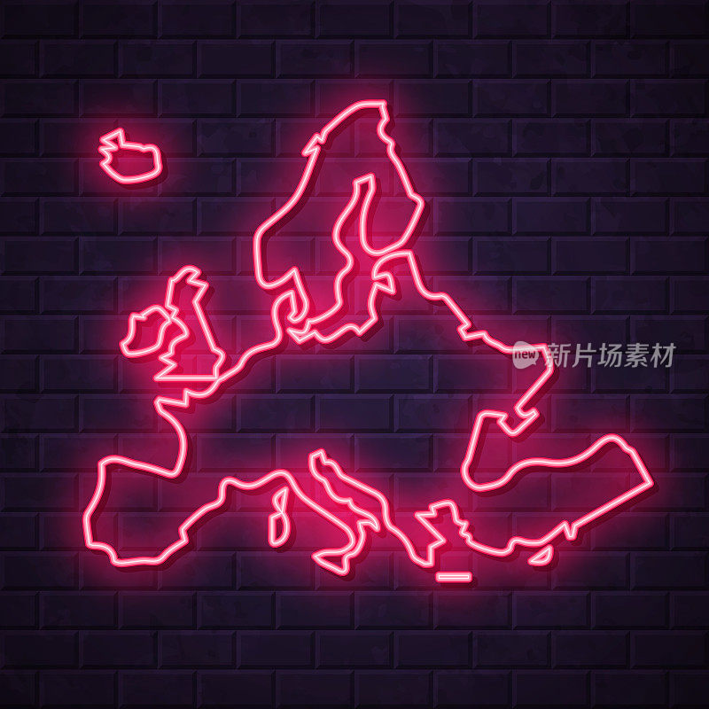 欧洲地图-在砖墙背景上发光的霓虹灯