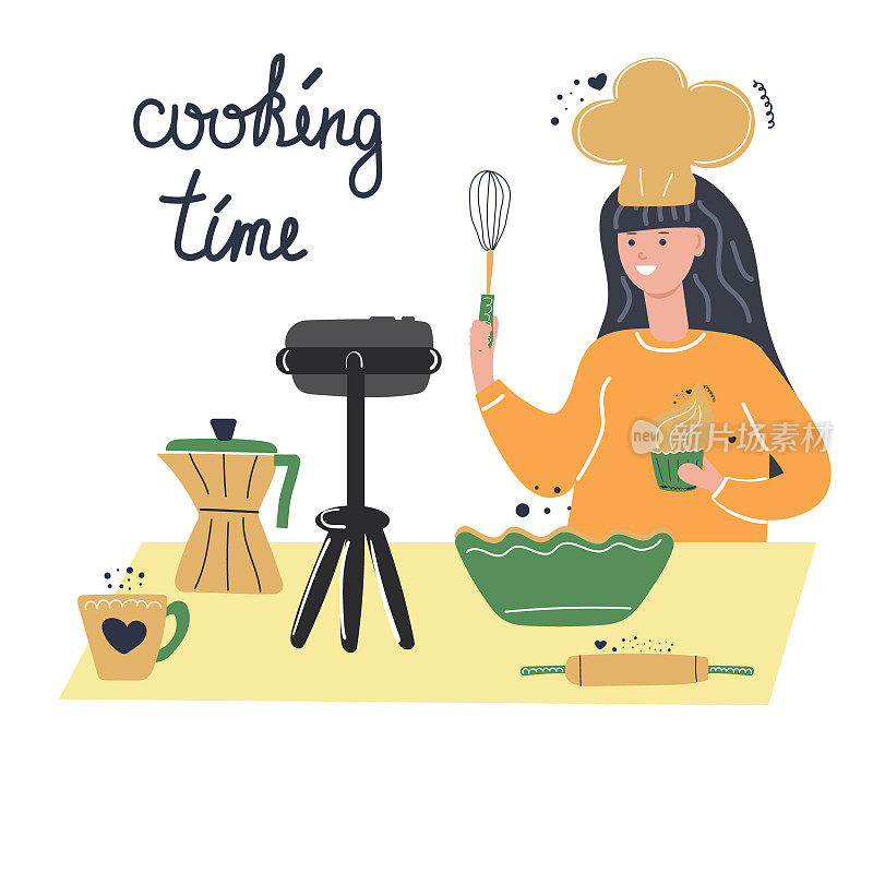 可爱的女孩厨师教授在线烹饪课程，美食博客，视频课程，自由职业者概念。平坦的插图。