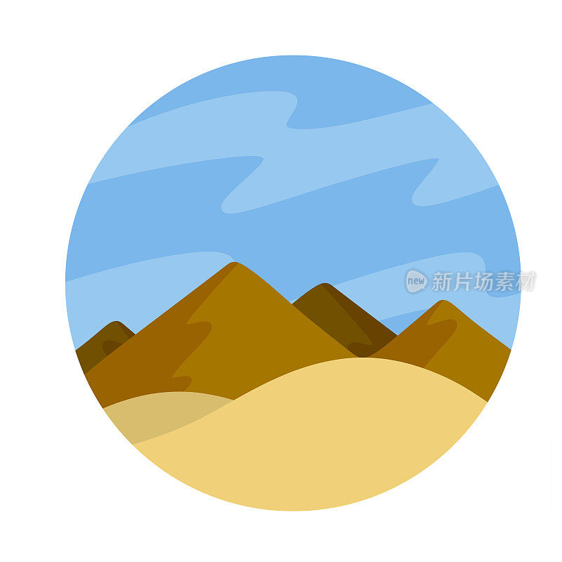 沙漠。沙滩和沙丘。南方的风景。图标在一个圆圈。夏天的本性。黄山
