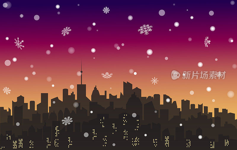 矢量黄昏雪景城市。大都市的天际线贴满了雪花。冬天的城市剪影