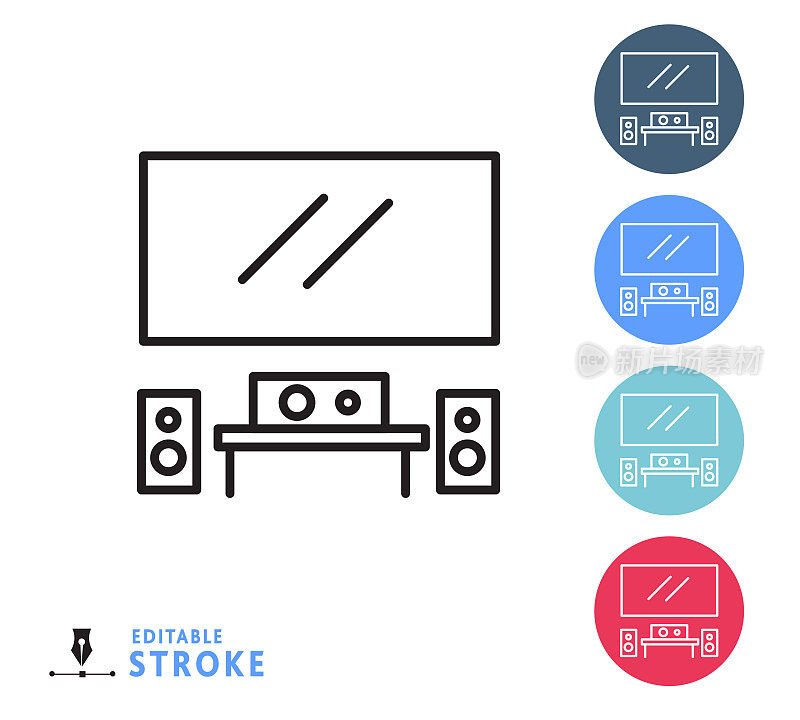 家庭效率家庭影院细线图标设置-可编辑的笔触