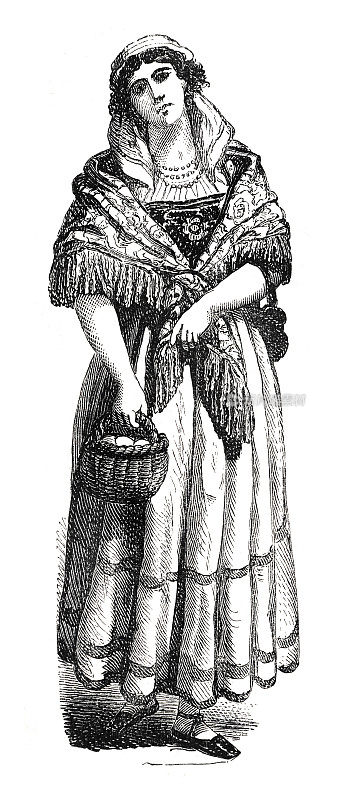 女保洁员拿着装满鸡蛋的篮子，意大利那不勒斯